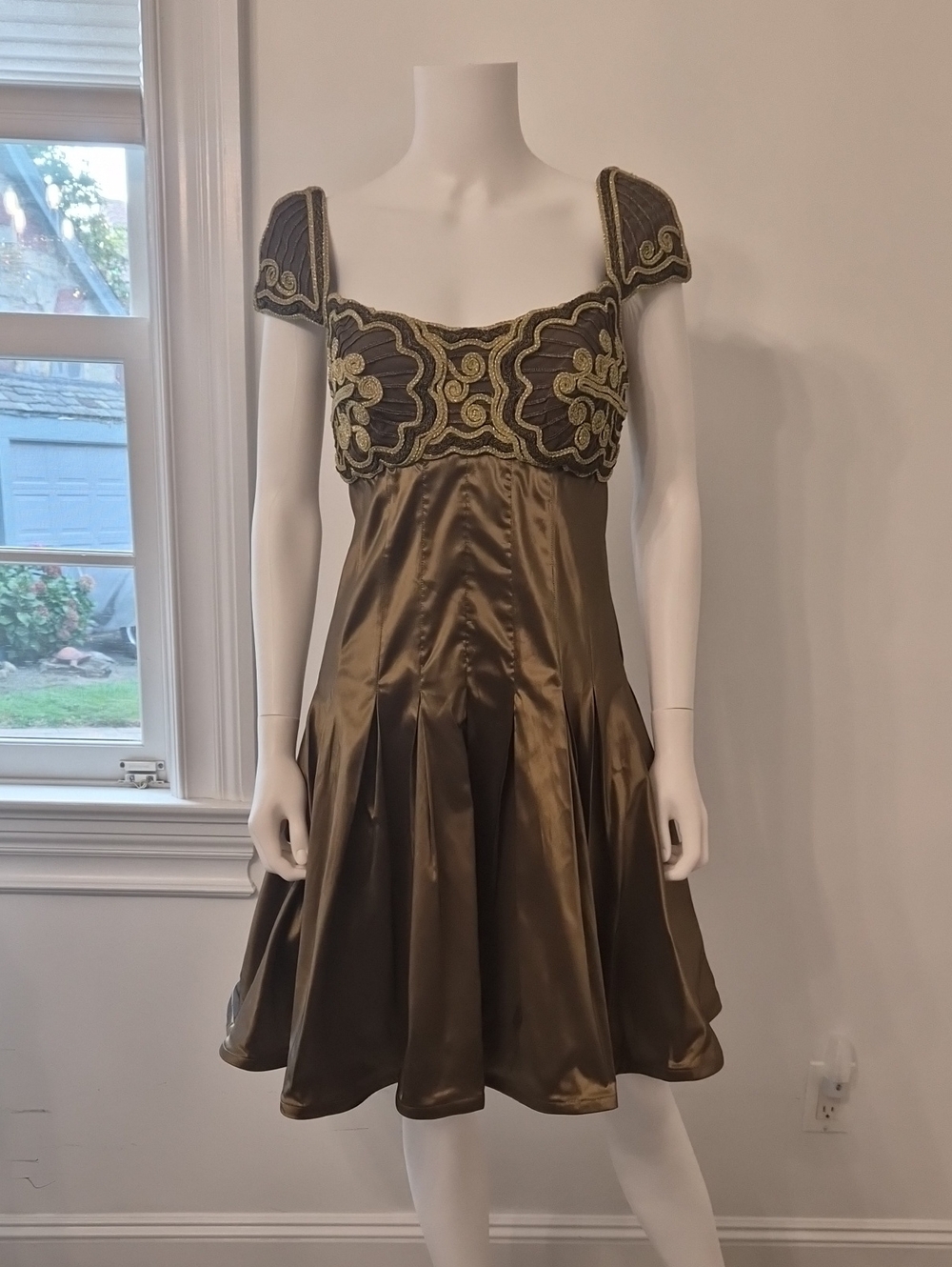 Tadashi Olive Gold Embroidered Midi Dress